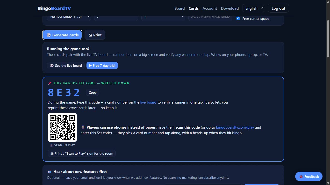 The free card generator showing the batch Set code, scan-to-play QR code, and print options