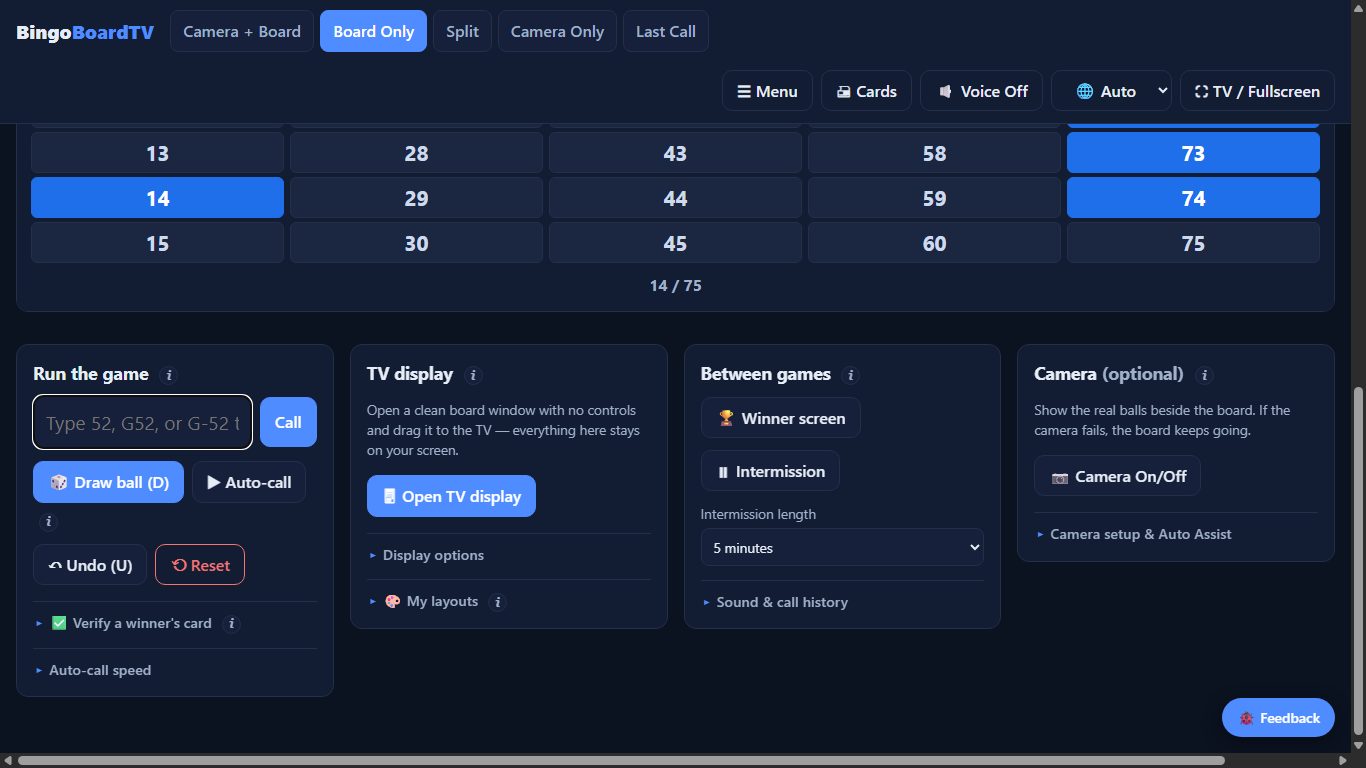 The Run-the-game controls: type or click to call, Draw ball, Auto-call, Undo, Reset