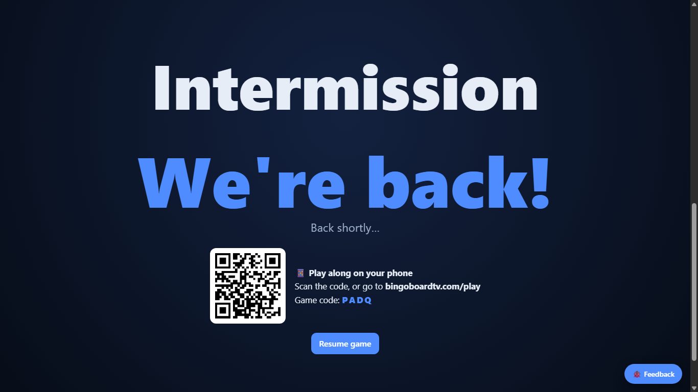 Intermission screen with countdown and a scan-to-play QR code for phone players