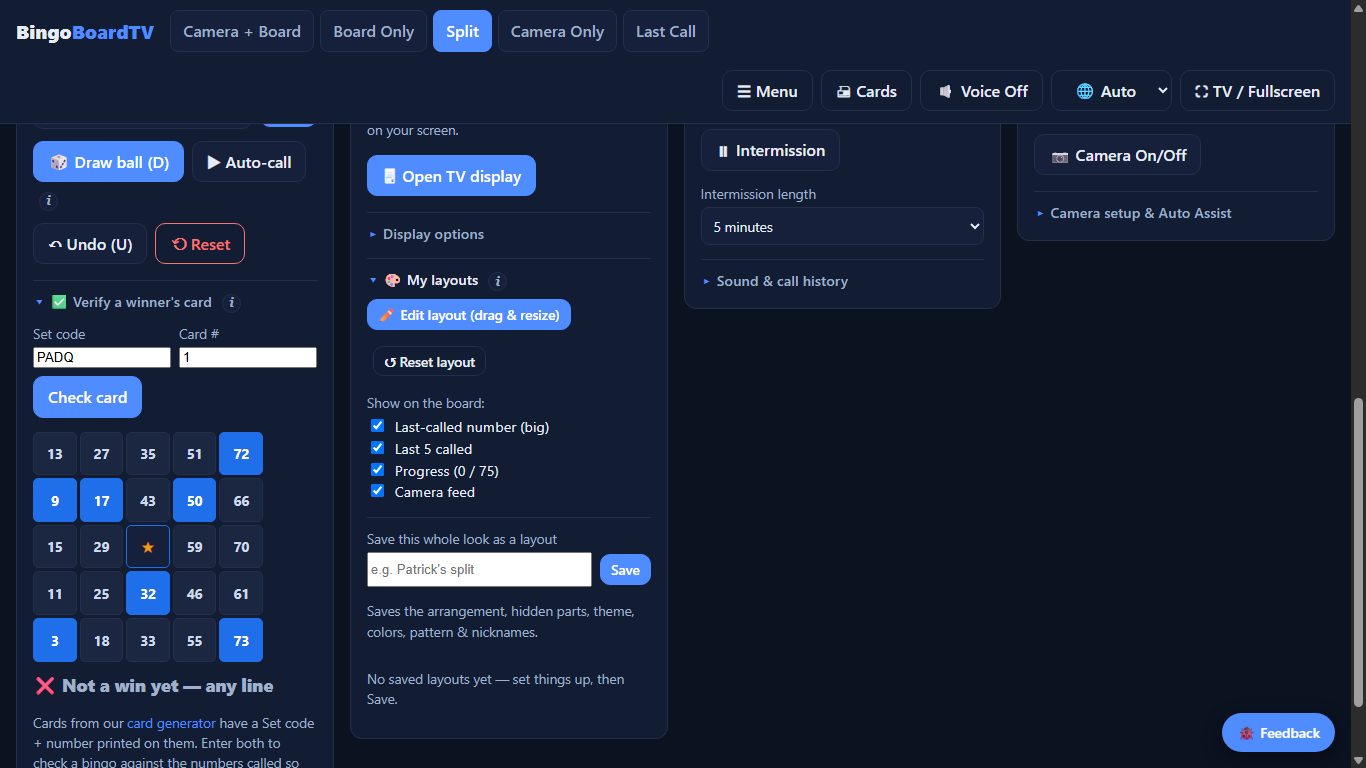 My layouts panel: edit layout with drag and resize, show/hide parts, save named layouts