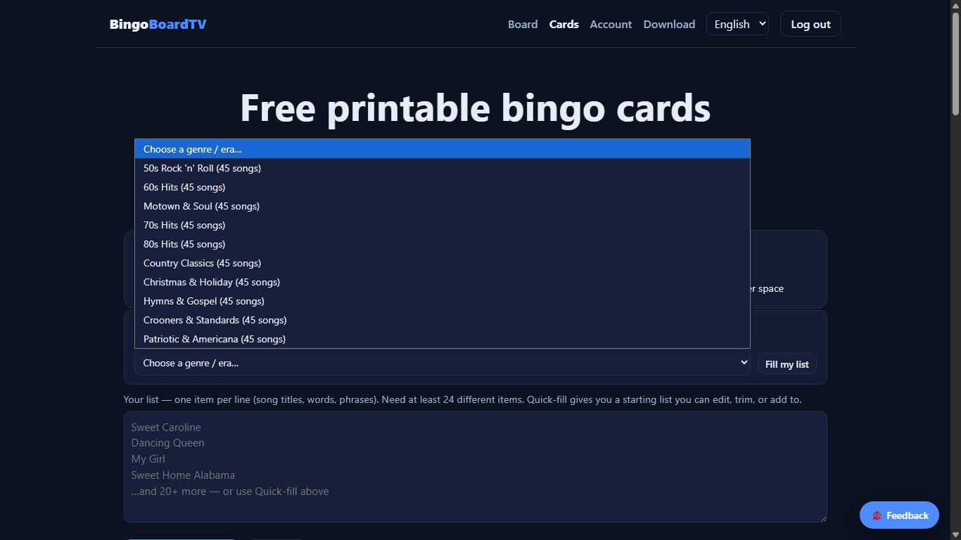 Quick-fill dropdown with ten ready-made song lists by genre and era