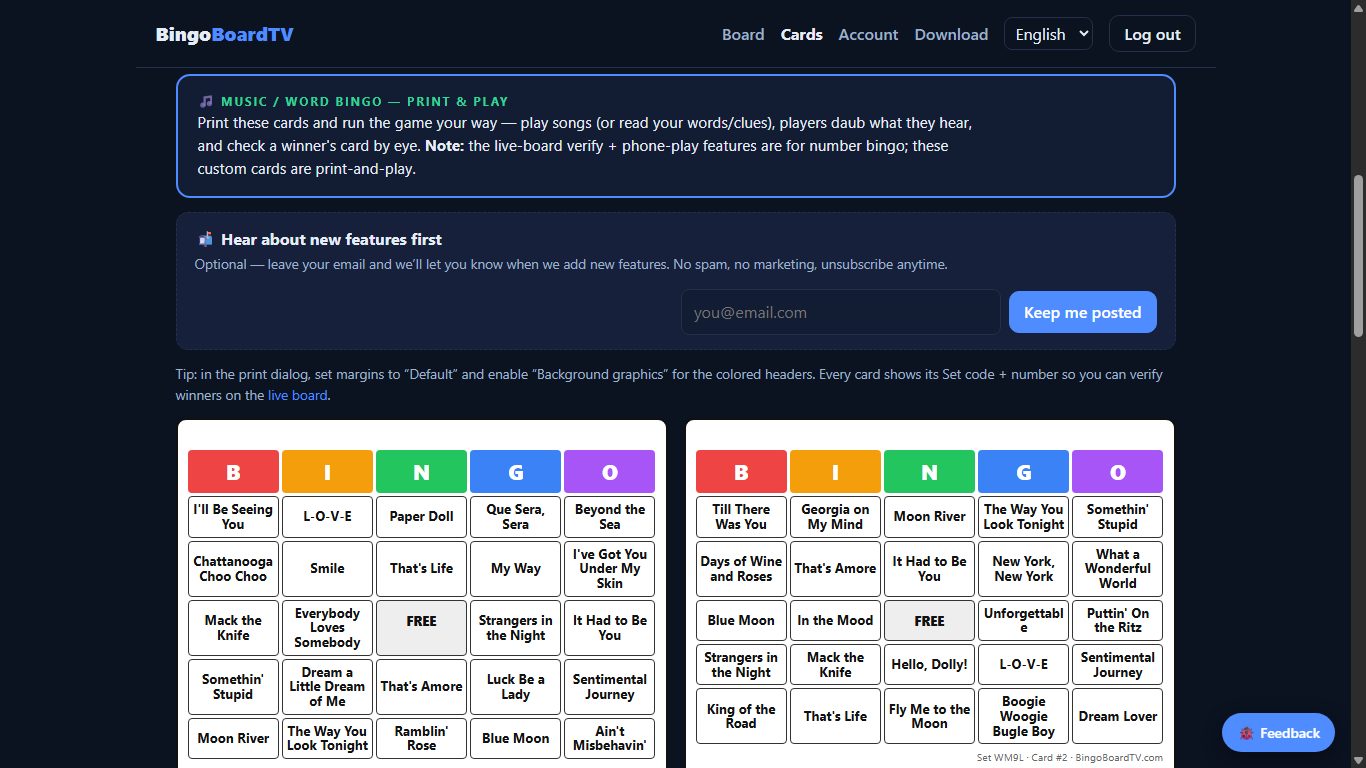 Printable music bingo cards filled with song titles