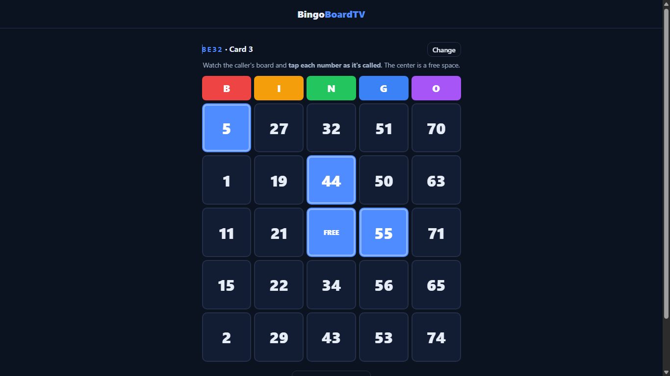 A player's phone card at bingoboardtv.com/play with tappable numbers and a free center