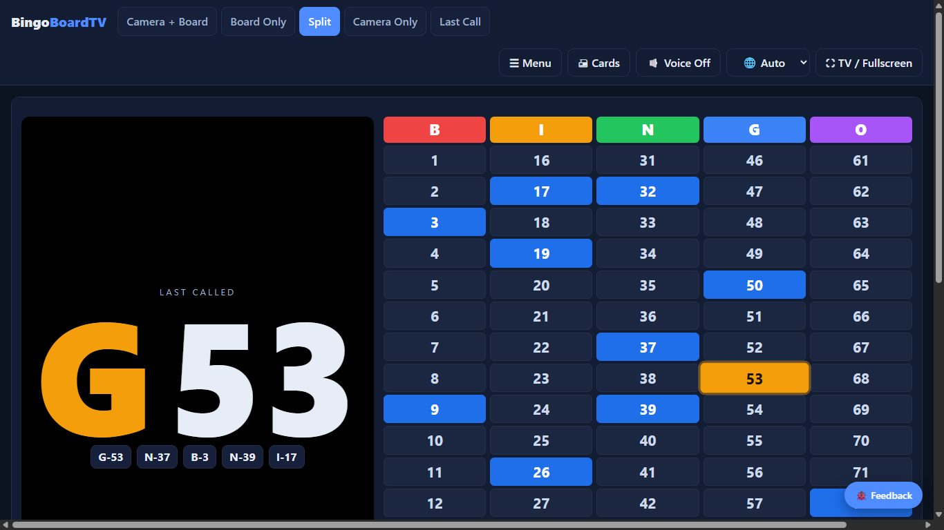 Split display mode with a giant last-called number beside the full board