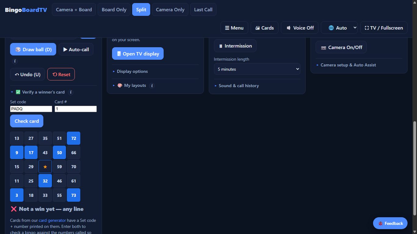 Winner verification: the board rebuilds the player's card and shows Not a win yet